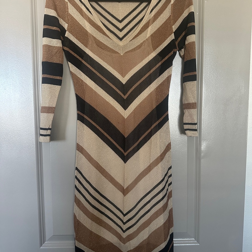 bebe Chevron Long Sleeve Dress - Brown and Black